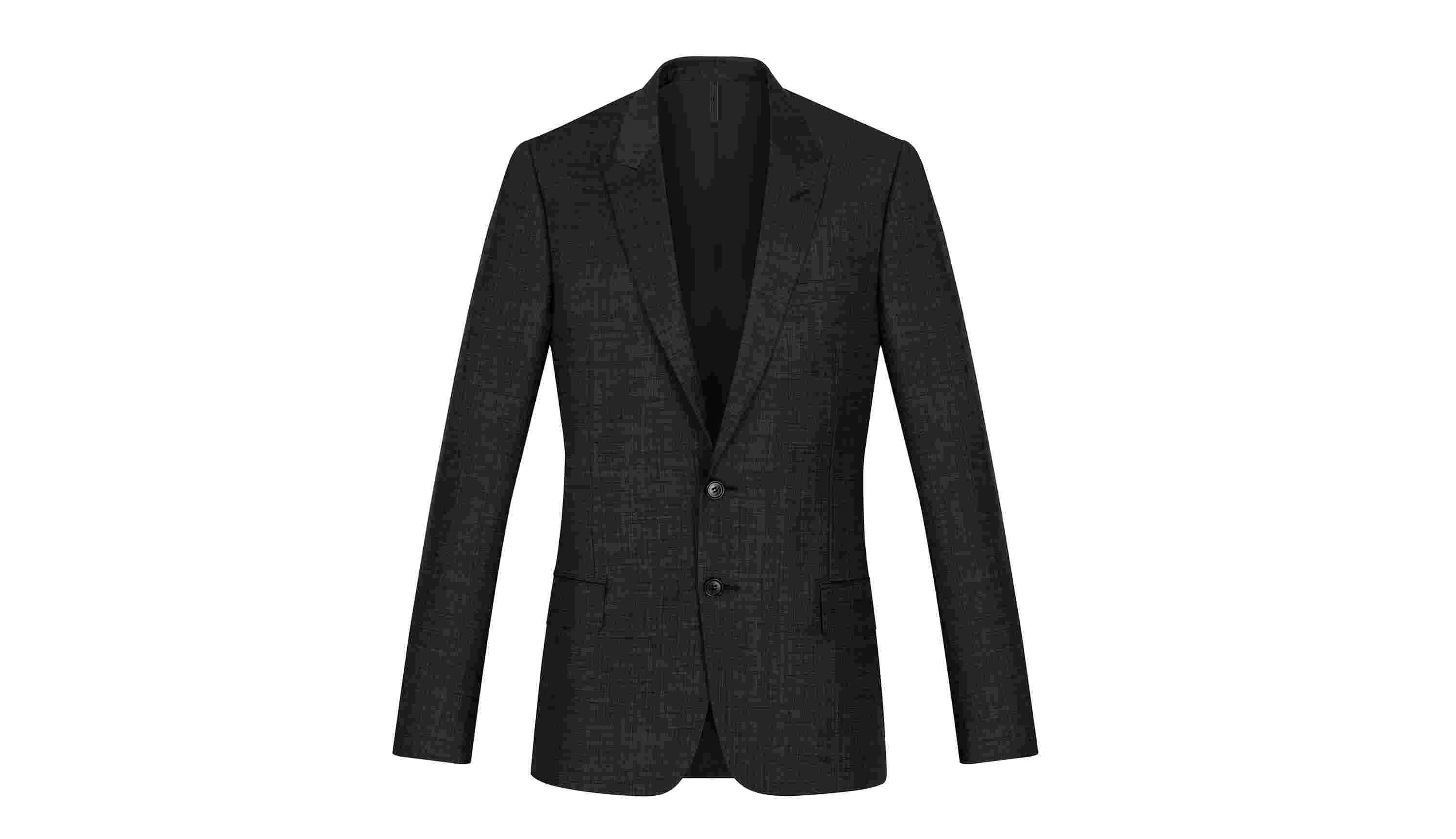 Black Super 140 Mottled Wool 2-Button Jacket, Peak Lapel